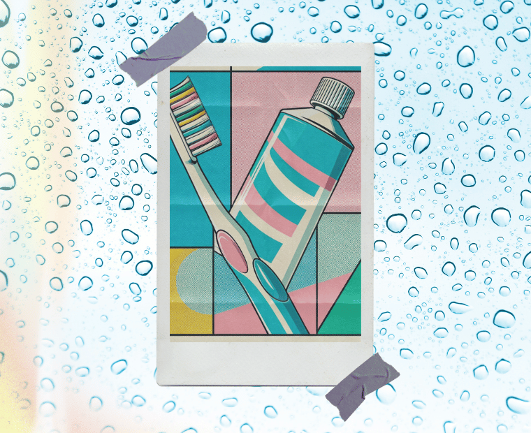 A vibrant, stylized illustration of a toothpaste tube and toothbrush positioned against a colorful geometric background, framed as a Polaroid photo. The toothpaste tube features a striped design in shades of teal, pink, and yellow, while the toothbrush has multicolored bristles. This image is set on a backdrop with water droplets, suggesting freshness and the importance of oral hygiene, with pieces of tape at the top and bottom, giving it a casual, pinned-up look.