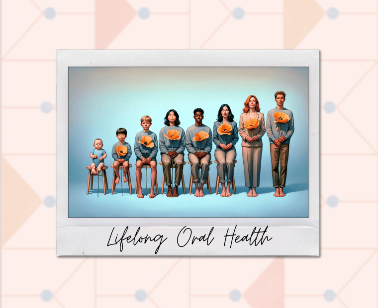 An illustration contained within a Polaroid-style frame on a patterned background, showcasing a diverse group of seven individuals spanning different ages seated and standing against a soft blue backdrop. They are wearing matching light blue sweatshirts adorned with a large orange poppy flower. The group represents a family unit, symbolizing various life stages, from a baby on a wooden stool to older adults, conveying the message of 'Lifelong Oral Health' written below the image.