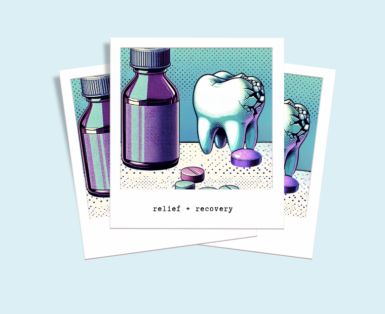 An illustration featuring three Polaroid-style snapshots arranged on a pale blue background. The images depict stylized dental health items in a pop art manner, with vibrant purples and teals. One picture shows a bottle with spilled pills, the second a healthy tooth, and the third a tooth with a visible crack. Below the images, the text 'relief + recovery' suggests a theme of dental healing and care.