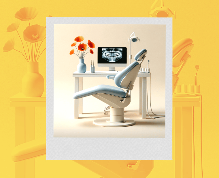 An illustrated dental clinic setup with a modern and minimalistic design. The room is bathed in a warm, yellow hue with a comfortable-looking dental chair in the center, positioned in front of a desk with a computer monitor displaying an x-ray of a set of teeth. To the side of the monitor, there's a vase with orange poppies adding a splash of color. The scene conveys a clean and serene atmosphere, suggesting a calm dental care experience.