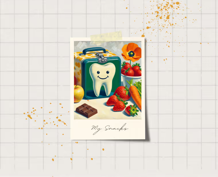 An artistic representation of a smiling cartoon tooth standing next to a lunchbox filled with various foods, set against a grid background with scattered orange dots. The tooth appears happy, surrounded by a healthy apple, carrots, and strawberries, suggesting nutritious eating choices. In contrast, there's also a piece of chocolate, indicating a balance of treats in a diet. The phrase 'My Snacks' is handwritten at the bottom, adding a personalized touch to the image.