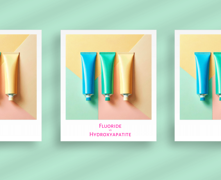 Three colorful tubes of toothpaste with blue and red lettering stand upright on a yellow and green striped background. The text "fluoride" is written in red, and the text "hydroxyapatite" is written in a red under the tubes of toothpaste.