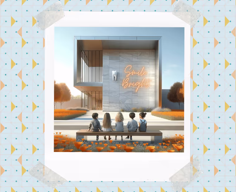 A framed promotional graphic for 'Children's Dental Health' Month featuring four children sitting on a bench, gazing at a modern dental clinic with an elegant 'Smile Bright' neon sign on the wall. The frame is decorated with a playful, geometric pattern featuring toothbrushes and teeth. The image is set against an autumnal background with trees and a vibrant field of orange flowers, creating a warm and welcoming atmosphere.