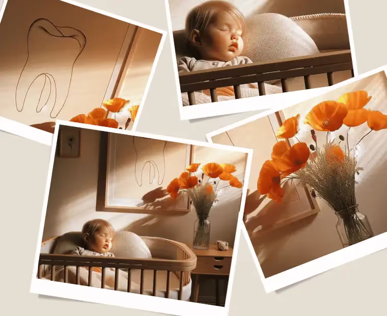The image is a collage of four photographs with a warm and soft ambiance, likely from a baby's nursery. In the upper left, there's a whimsical line drawing of a tooth on the wall, suggesting the theme might be related to teething. The top right photo features a baby sleeping peacefully in a crib, with natural light filtering through, highlighting the tranquility of the scene. The bottom left image mirrors the top left with the tooth drawing, but this time the sleeping baby is also included, providing a serene and intimate look into the crib. Lastly, the bottom right picture showcases a bouquet of vibrant orange poppies in a clear glass vase, positioned on a wooden table next to a small, framed picture and in front of a window, adding a pop of color and life to the nursery. The overlapping of the photos creates a dynamic and modern collage effect.