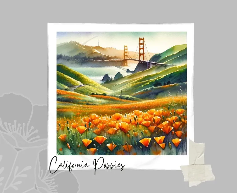 A colorful watercolor painting depicts a lush landscape filled with a vibrant field of orange California poppies stretching towards the horizon, where the rolling hills meet the misty San Francisco bay. The iconic Golden Gate Bridge spans the bay in the background, silhouetted against the golden light of a setting sun peeking through the clouds. The painting is titled "California Poppies" in a handwritten script below the artwork.