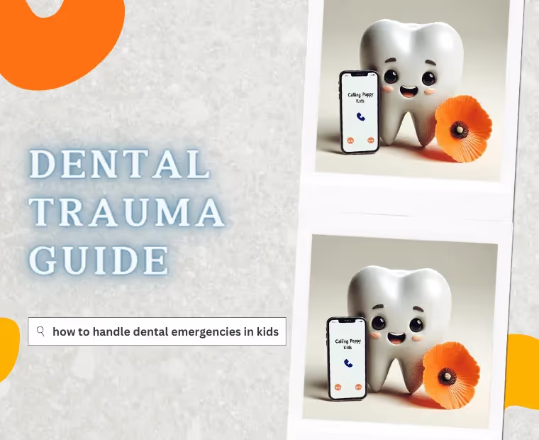The image is a promotional graphic for a "Dental Trauma Guide" with a playful and child-friendly design. It features two photographs of a cute anthropomorphic tooth character with big, smiling eyes and a single cheek dimple. In both photos, the tooth is posed next to an orange poppy flower and a smartphone that displays "Calling Poppy Kids" on the screen, indicating a call to a pediatric dental clinic. The background is a textured grey with orange accents, and there's a search bar graphic at the bottom left with the placeholder text "how to handle dental emergencies in kids." This suggests the guide is aimed at helping parents deal with children's dental emergencies. The title "DENTAL TRAUMA GUIDE" is prominently displayed in a bold, blue font at the top of the image.