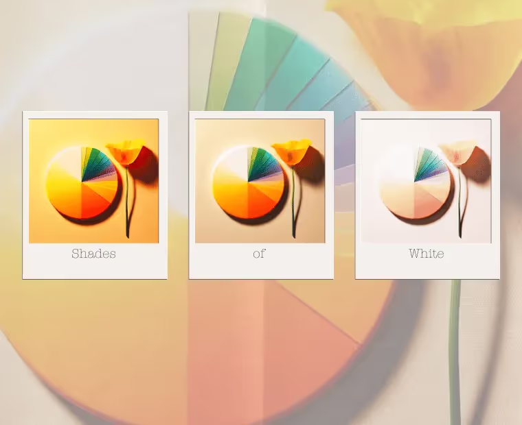 Three polaroid-style images are arranged against an abstract background with pastel colors. Each image contains a circular graphic with multicolored segments resembling a pie chart. The first polaroid is labeled "Shades," the second "of," and the third "White," together reading "Shades of White." The images have a soft, warm glow, suggesting a theme related to color variation and subtlety.