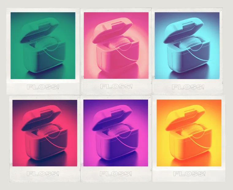 A colorful pop-art style collage of dental floss containers, each in a different vibrant hue, with the word "FLOSS!" printed below each image in a retro font.