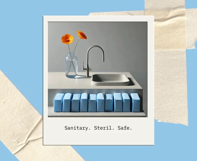 Aesthetic promotional image showcasing a sterilization area with a minimalist design. The image features a clean, white countertop with a modern sink and a faucet. On the counter, there is a glass vase holding two bright orange poppy flowers, adding a touch of color. Below the sink, there is a row of neatly arranged blue dental cassettes. The image is framed with a white border and a caption that reads 'Sanitary. Steril. Safe.', emphasizing the focus on cleanliness and safety.