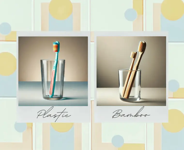The image displays two toothbrushes, each placed in a clear glass cup. On the left is a plastic toothbrush with a turquoise and orange design, highlighted against a simple beige background and partially overlaid with a decorative pattern featuring soft pastel circles. On the right is a bamboo toothbrush with brown bristles, presented against a similar backdrop but distinguished by its natural wooden texture. Each glass is labeled accordingly with "Plastic" and "Bamboo" in elegant handwriting, illustrating a visual comparison between traditional and eco-friendly toothbrush options.