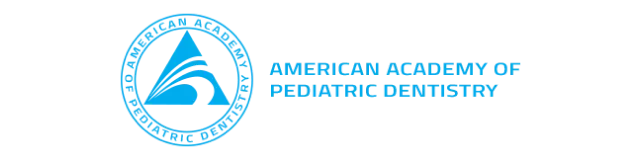 A circular logo with a blue background featuring a stylized white tooth surrounded by two blue leaves and the text "American Academy of Pediatric Dentistry" in white around the border.