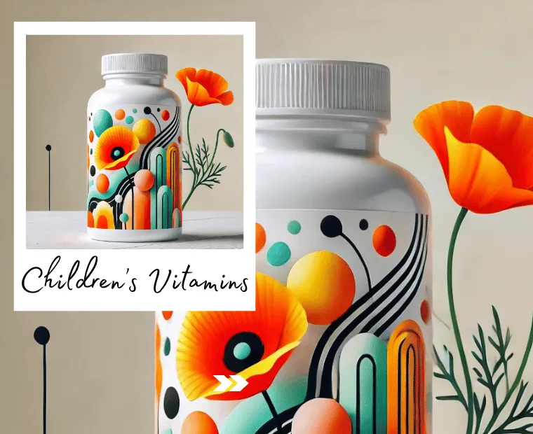 Two images of a white vitamin bottle with colorful abstract designs featuring poppy flowers, geometric shapes, and wavy lines. The bottle has a white cap and is labeled "Children's Vitamins". Orange poppy flowers and green leaves surround the bottle, creating a vibrant and playful composition against a neutral background.