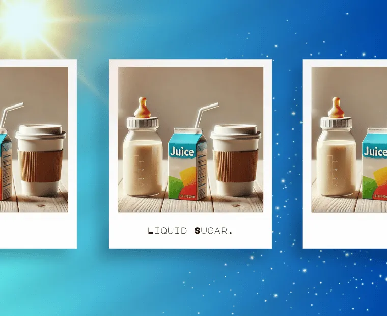 Three polaroid-style images on a starry blue background. Each photo shows a baby bottle filled with milk, a juice box, and a takeaway coffee cup. The center image is labeled "LIQUID SUGAR." This visual emphasizes sugary drinks commonly consumed by different age groups.