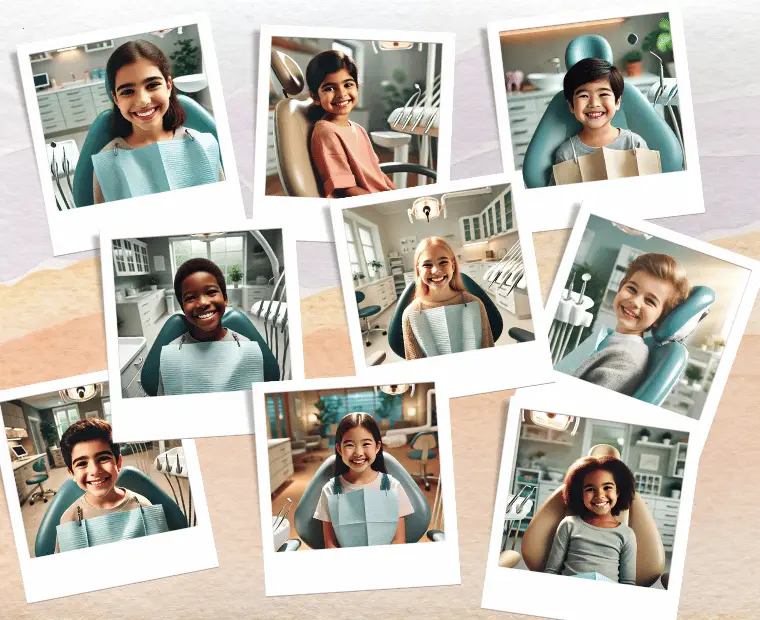 A collage of smiling children seated in dental chairs, each wearing a bib, showing a happy and relaxed experience at the dentist. The background appears to be a clean, bright dental office.