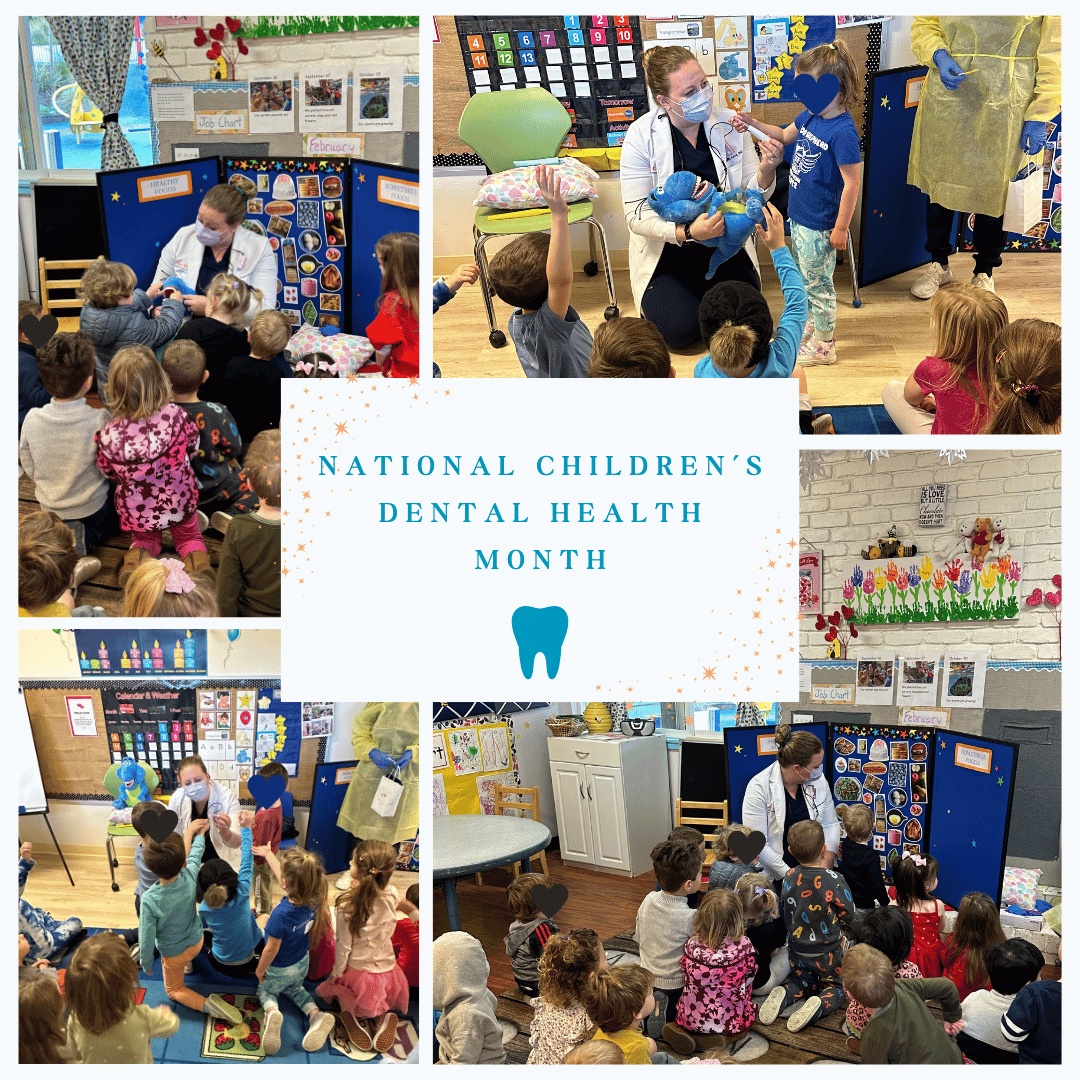 A collage of four images celebrating National Children's Dental Health Month. The top left photo shows a dentist in a white coat demonstrating dental tools to a group of attentive children. The top right photo features a dentist in a lab coat holding a large toothbrush, teaching a child how to brush properly. The bottom left image displays children seated on the floor, looking up at a dentist who is showing them a dental model. The bottom right image is a creative display of colorful toothbrushes arranged on a wall to resemble flowers. In the center, bold text states 'National Children's Dental Health Month' with a tooth icon beneath it.