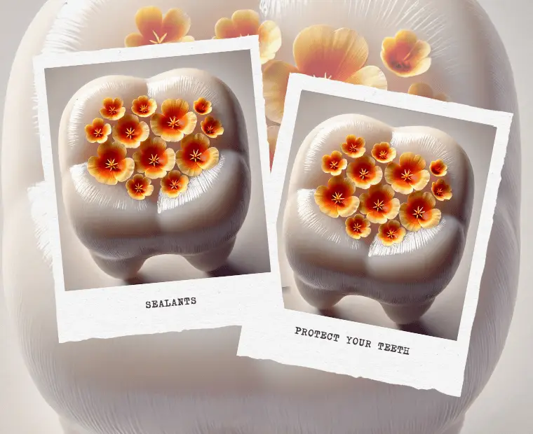 An artistic representation of a tooth featuring flower-like designs resembling dental sealants applied to the grooves. The text on the image reads 'Sealants' and 'Protect Your Teeth,' emphasizing the role of sealants in preserving dental health.