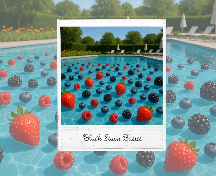 A swimming pool filled with floating berries like strawberries, blackberries, blueberries, and raspberries. In the background are lounge chairs and white umbrellas. A photo frame overlay in the center highlights the pool and berries with the caption “Black Stain Basics,” referencing a blog about chromogenic bacteria and dental stains.