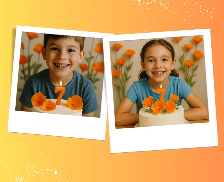 Two smiling children celebrating their 7th birthday, each pictured with a white cake topped with an orange number 7 candle and vibrant orange California poppies. Both kids wear blue shirts and are set against a cheerful floral backdrop. The caption reads, 'Seven and Smiling Bright.