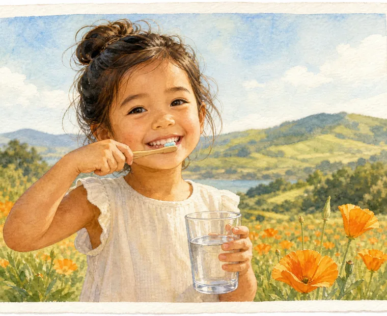 A cheerful young child brushing their teeth and holding a glass of water in a sunny California poppy meadow.