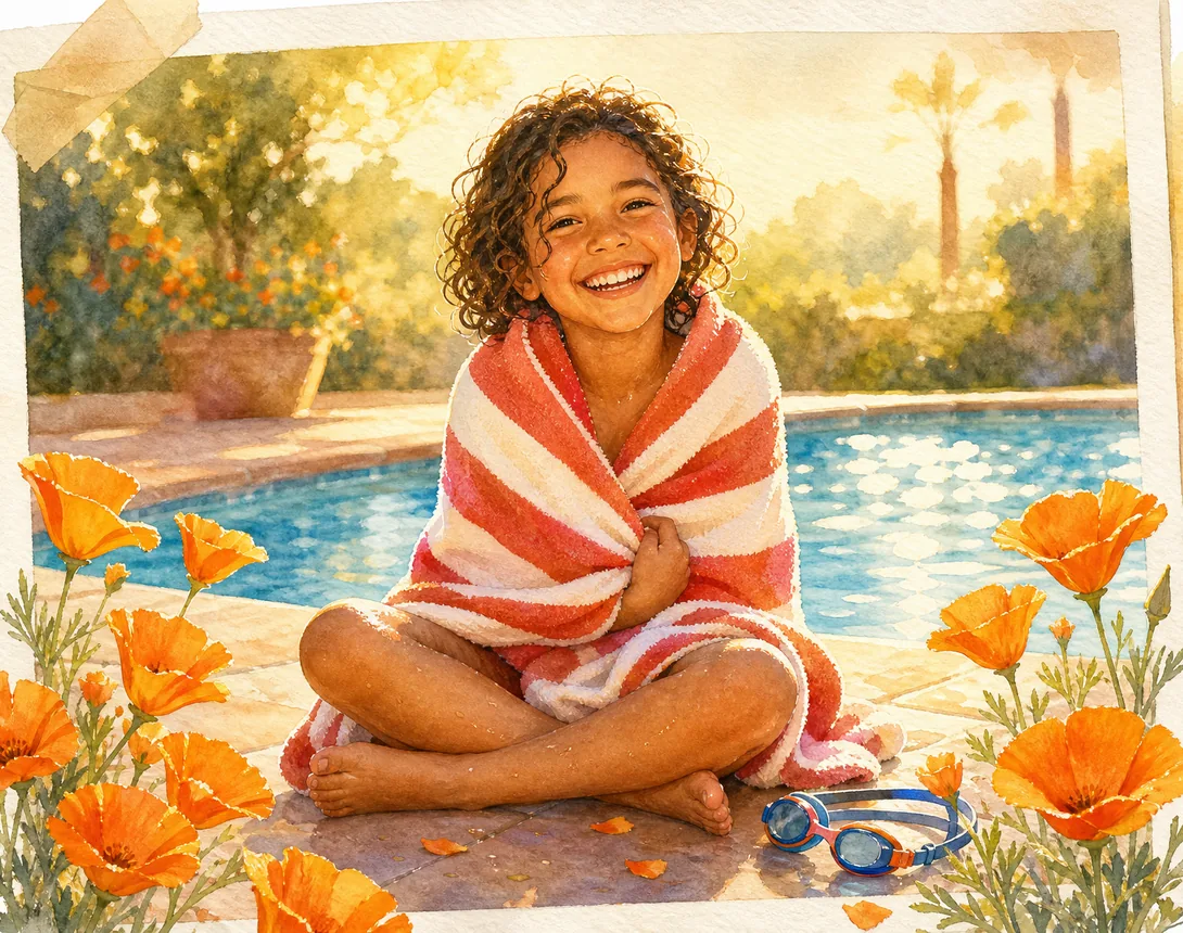 A happy child wrapped in a colorful striped beach towel laughing poolside on a sunny summer day, with vibrant orange California poppies blooming beside the pool.