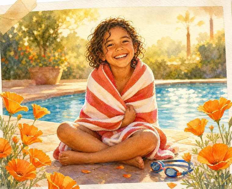 A happy child wrapped in a colorful striped beach towel laughing poolside on a sunny summer day, with vibrant orange California poppies blooming beside the pool.