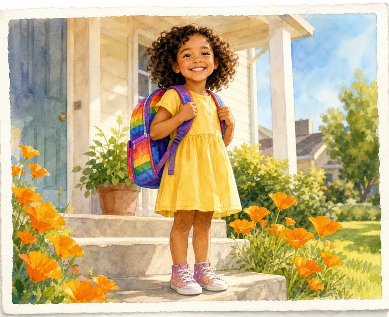 A happy kindergartner with a colorful rainbow backpack standing on a sunny California front porch surrounded by bright orange poppies, smiling confidently on a warm morning — ready for the first day of school.
