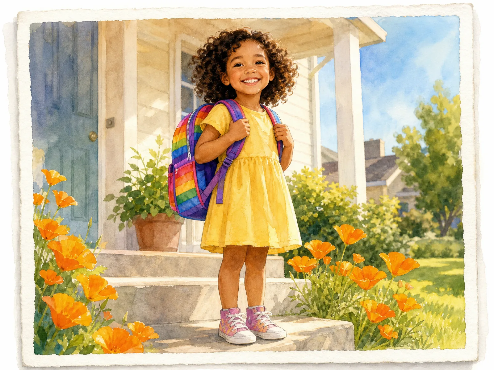 A happy kindergartner with a colorful rainbow backpack standing on a sunny California front porch surrounded by bright orange poppies, smiling confidently on a warm morning — ready for the first day of school.