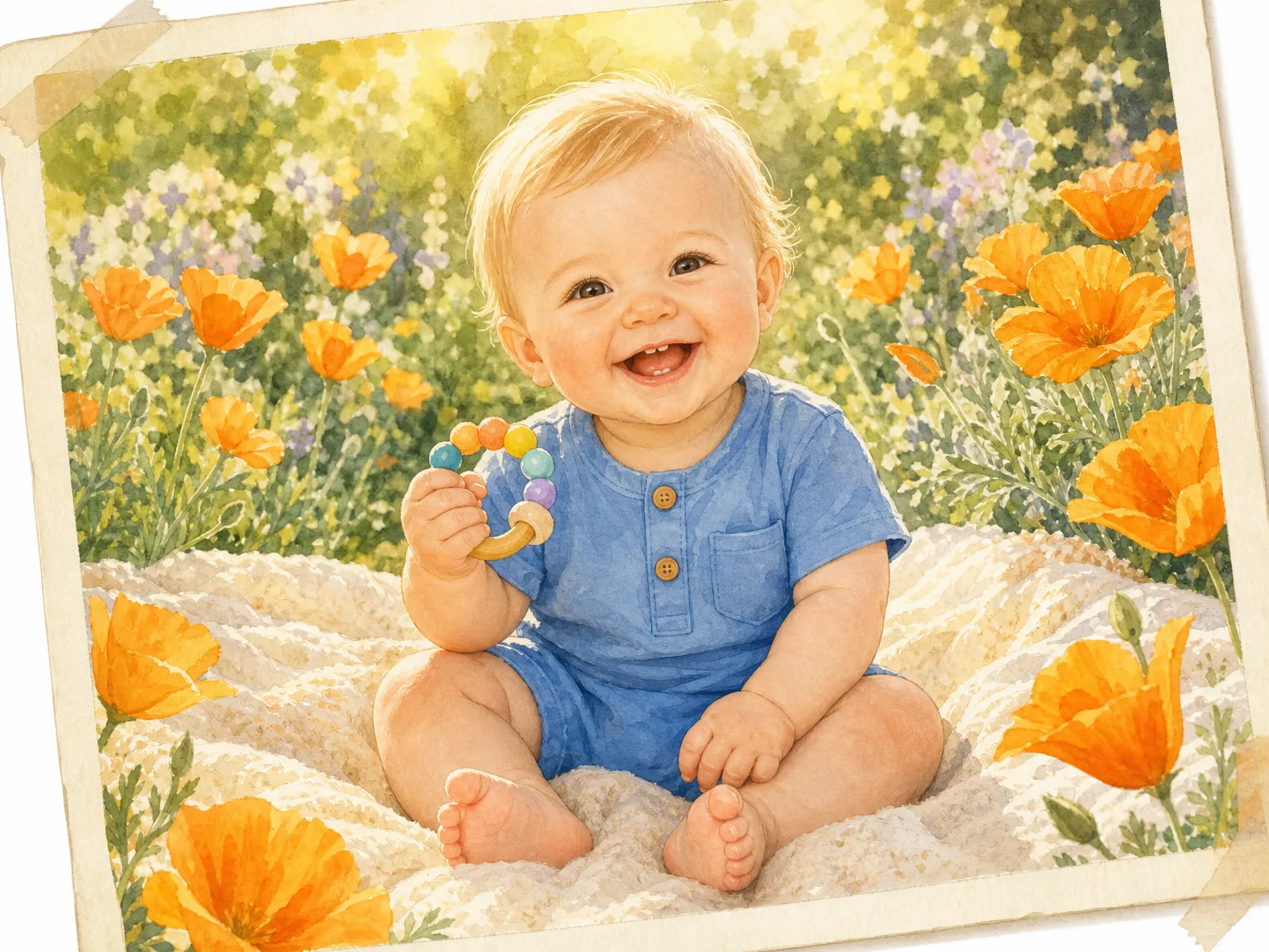 A joyful blond baby sitting on a cream blanket in a sunny garden, happily holding a colorful teething ring surrounded by bright orange California poppies, showing a tiny first tooth in a wide smile.