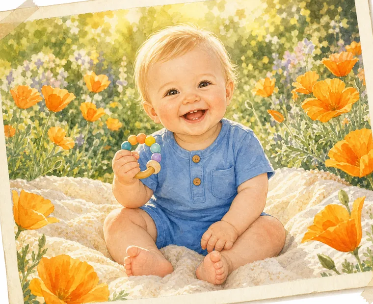 A joyful blond baby sitting on a cream blanket in a sunny garden, happily holding a colorful teething ring surrounded by bright orange California poppies, showing a tiny first tooth in a wide smile.